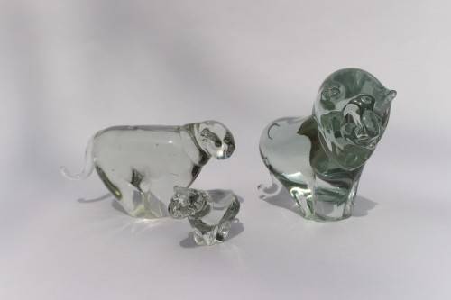 Vintage Ngwenya Glass Kingdom of Swaziland 3 Lion Figurine wSticker Near Mint