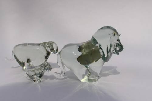 Vintage Ngwenya Glass Kingdom of Swaziland 3 Lion Figurine wSticker Near Mint