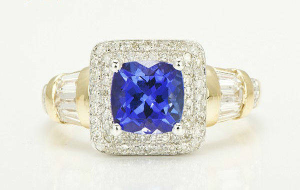 Solid 14CT 2.66TCW Gold Cushion AAA Blue Tanzanite Natural Diamond Ring