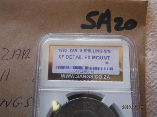 1892 ZAR 5 SHILLING XF DETAIL EXMOUNT SANGS GRADED