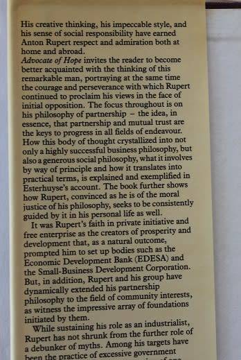 Anton Rupert Advocate of Hope by W.P.Esterhuyse