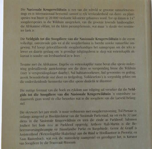 Veldgids tot die soogdiere van die Nasionale Krugerwildtuin deur Pienaar, Joubert, Hall-Martin ens.