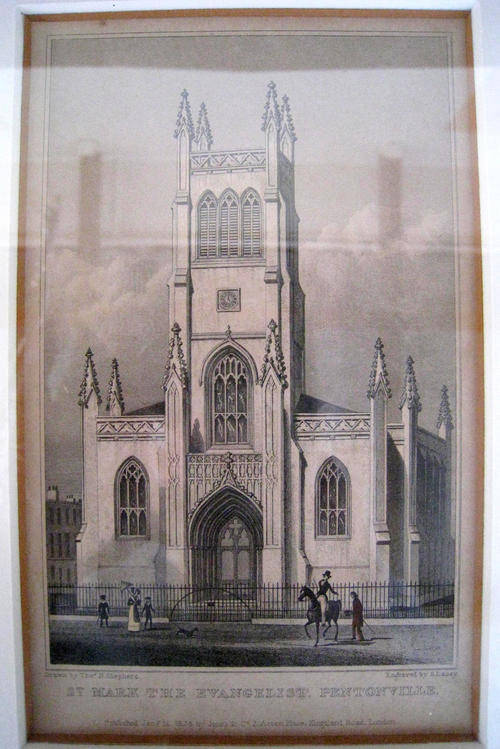 ANTIQUE FRAMED ENGRAVING of 'ST MARK THE EVANGELIST, PENTONVILLE' - 1828