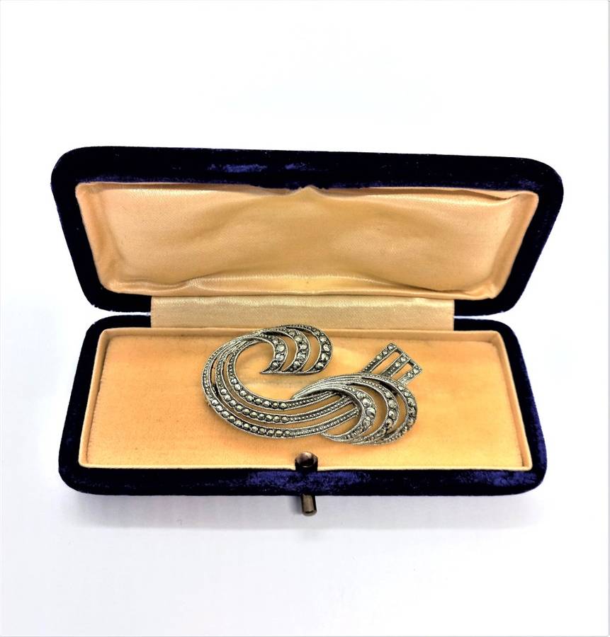 Art Deco Sterling Silver Marcasite Brooch in Original  Box