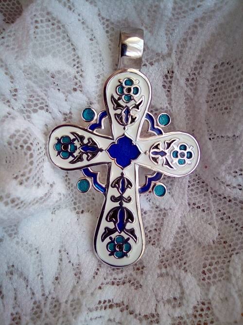 EXQUISITE Sterling Silver and Enamel Cross Pendant