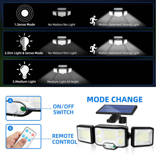 25W LED Split Solar Flood Light - 3 Adjustable Heads - 3 Modes - 136LED