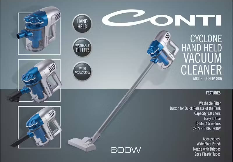 Conti Cyclone Hand Held Vacuum Cleaner - Washable Filter - 1L Capacity