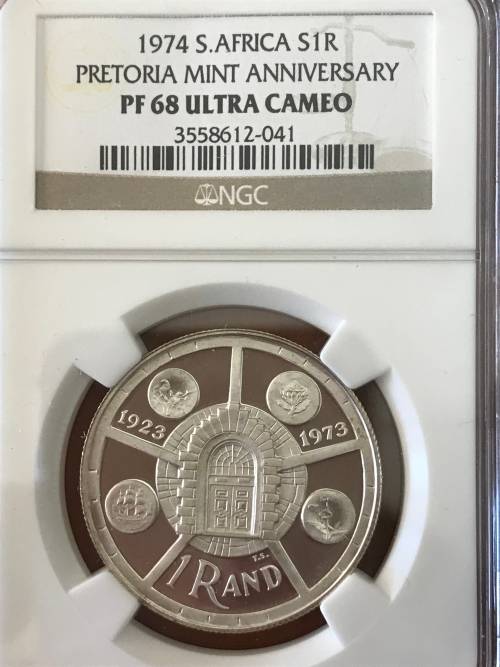 1974 Silver R1 Pretoria Mint Anniversary PF 68 Ultra Cameo