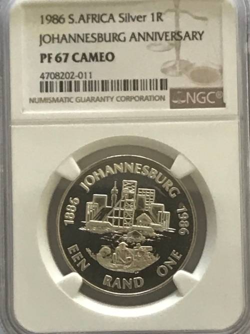 1986 Johannesburg Anniversary silver R1 NGC Graded PF 67