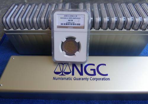 20 x AU58 + NGC SILVER BOX - NGC GRADED MANDELA 90th 2008 R5 COINS - BID PER COIN!!!
