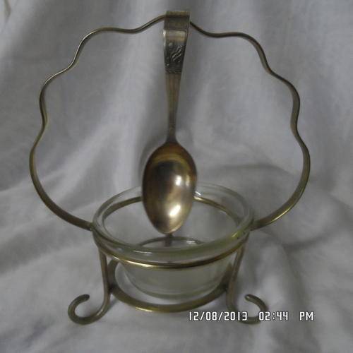 VERY NICE EPNS AND PYREX JAM STAND WITH SPOON