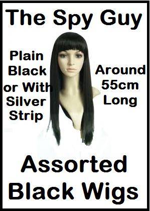 Black Party Wig Straight with Single Silver or White Strip Around 55cm Long Also in Plain