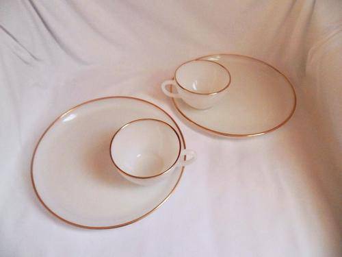 NOW REDUCED BY 50 %! 2 SETS GOLD RIM ANCHOR HOCKING FIRE KING OPAL MILK GLASS SNACK PLATES WITH CUPS