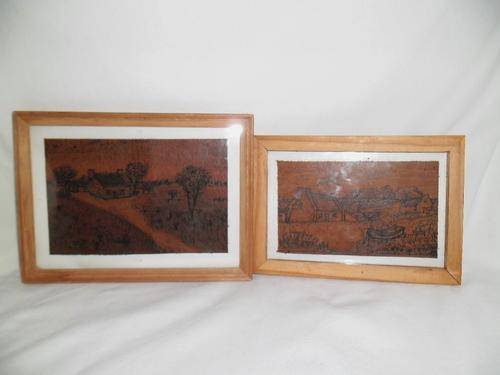 NOW REDUCED BY 50 %! 2 VTG FRAMED LEATHER ETCHINGS - ONE SIGNED - TWO SMALL FARM HOUSES OR COTTAGES