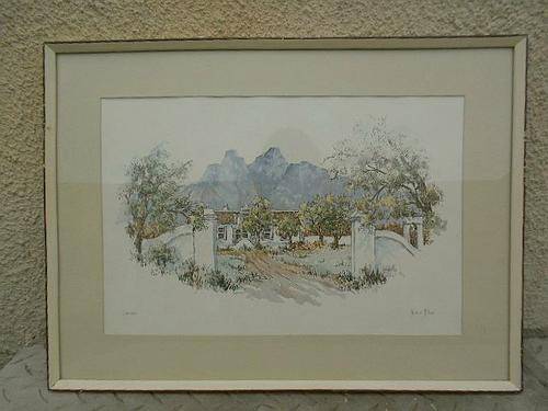 NOW REDUCED BY 50 %! NOREEN MC LEOD *LANZERAC* STELLENBOSCH WATERCOLOUR PRINT FRAMED BEHIND GLASS