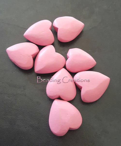 DESIGNER - HAND PAINTED - NATURAL WOODEN HEART BEADS - ROSE PINK - 20x22mm
