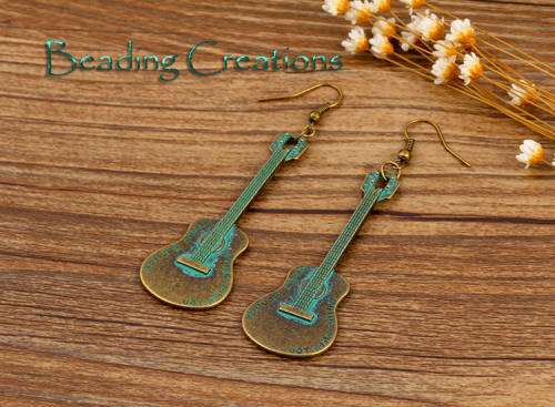 EARRINGS - RETRO FASHION - BRONZE - GUITAR - DROP AND DANGLE - 65mm