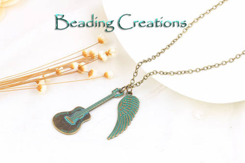NECKLACE WITH CHAIN - RETRO FASHION - BRONZE - GUITAR AND ANGEL WING - 430mm