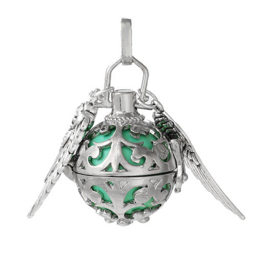 MEXICAN ANGEL CALLER - BOLA - HARMONY WISH BOX PENDANT - SILVERTONE - 18mm MINT GREEN BALL