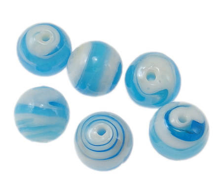 GLASS BEADS - PLATED LAMPWORK - ROUND - BLUE AND WHITE SWIRL - 12mm