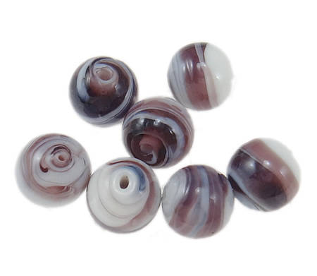 GLASS BEADS - PLATED LAMPWORK - ROUND - PURPLE AND WHITE SWIRL - 12mm