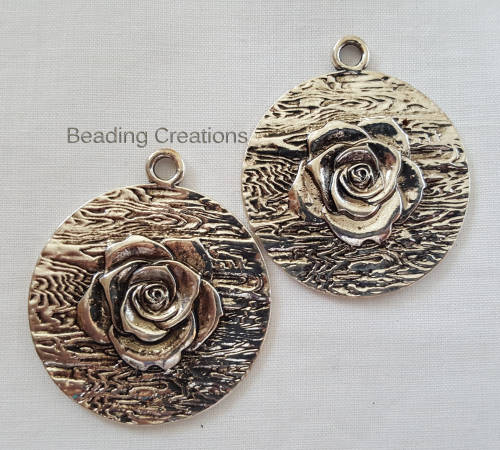 PENDANTS - ANTIQUE SILVER - LARGE ROUND - ROSE - PENDANTS - 45mm