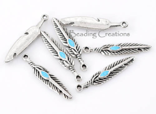 CHARMS - ANTIQUE SILVER - BLUE ENAMEL - FEATHER - CHARMS - 28x5mm