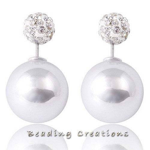 EARRINGS - SHAMBALLA - CRYSTAL - PEARL - DOUBLE BALL - DOUBLE SIDED STUD - WHITE