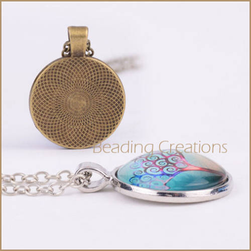 NECKLACE WITH CHAIN - CABOCHON - DANDELION - BALLET DANCER - ANTIQUE BRONZE - GLASS PENDANT