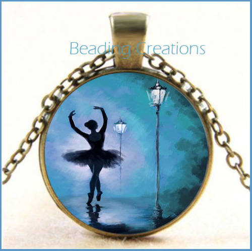 NECKLACE WITH CHAIN - CABOCHON - BALLET DANCER - ANTIQUE BRONZE - GLASS PENDANT