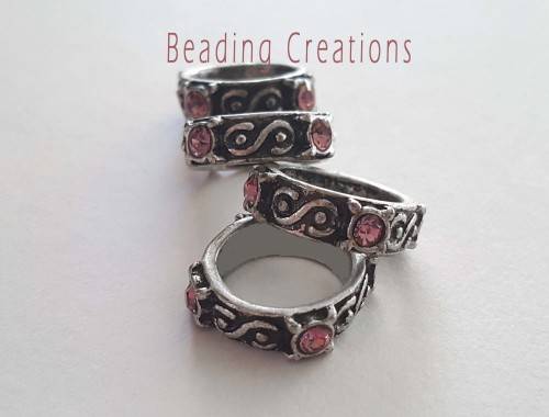 LARGE HOLE - PEWTER - RINGS - SCROLL DETAIL - ANTIQUE SILVER -  PINK RHINESTONES - 15mm