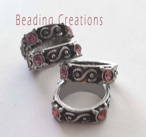 LARGE HOLE - PEWTER - RINGS - SCROLL DETAIL - ANTIQUE SILVER -  PINK RHINESTONES - 15mm