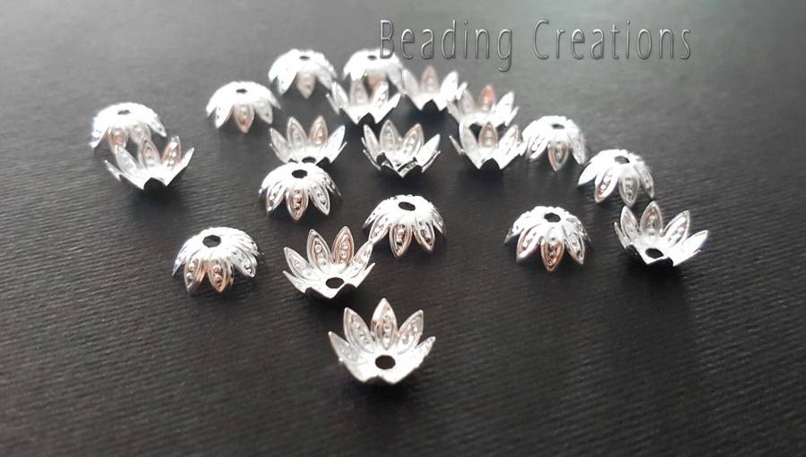 BEAD CAPS - BRIGHT - SILVER PLATED - FLORAL - 10mm - 5 PCS