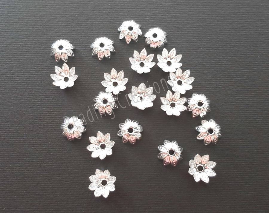 BEAD CAPS - BRIGHT - SILVER PLATED - FLORAL - 10mm - 5 PCS