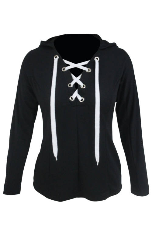 BLACK LOOSE FITTING LACE UP HOODIE - SMALL TO PLUS SIZE