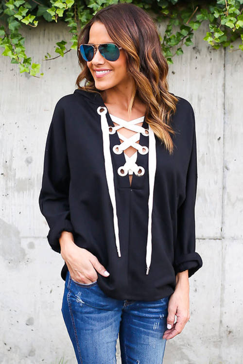 BLACK LOOSE FITTING LACE UP HOODIE - SMALL TO PLUS SIZE