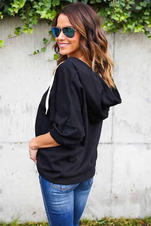 BLACK LOOSE FITTING LACE UP HOODIE - SMALL TO PLUS SIZE