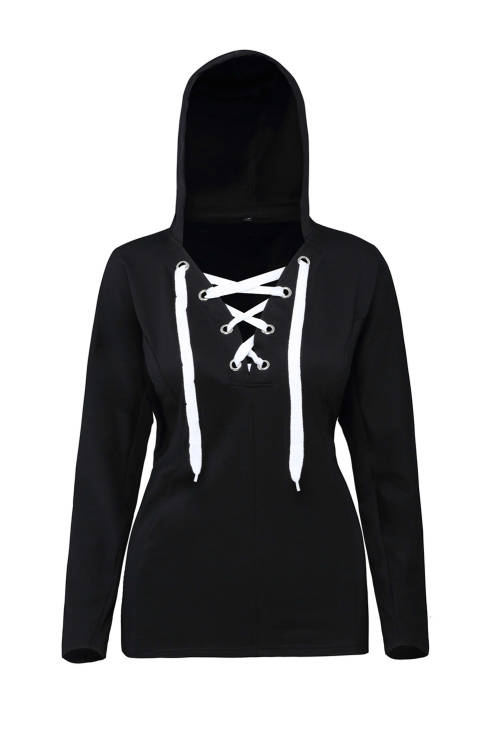 BLACK LOOSE FITTING LACE UP HOODIE - SMALL TO PLUS SIZE