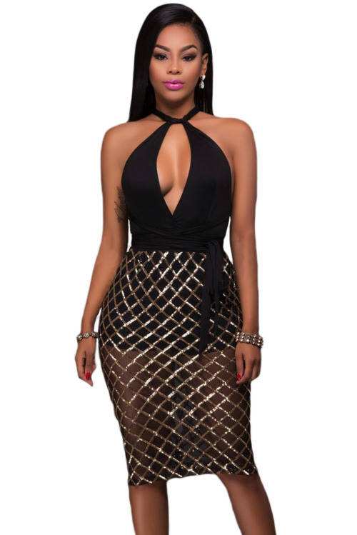 SEXY BLACK AND GOLD PLAID SEQUIN MULTI-WAY CLUB DRESS - S/M/L