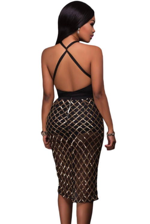 SEXY BLACK AND GOLD PLAID SEQUIN MULTI-WAY CLUB DRESS - S/M/L