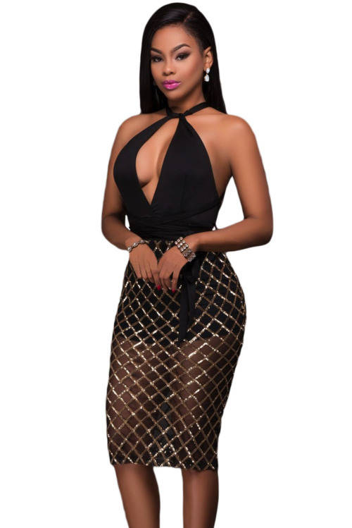 SEXY BLACK AND GOLD PLAID SEQUIN MULTI-WAY CLUB DRESS - S/M/L