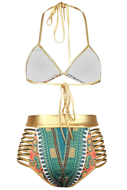 SEXY GREEN AFRICAN TRIBAL METALLIC CUTOUT HIGH WAIST SWIMSUIT - S/M/L/XL