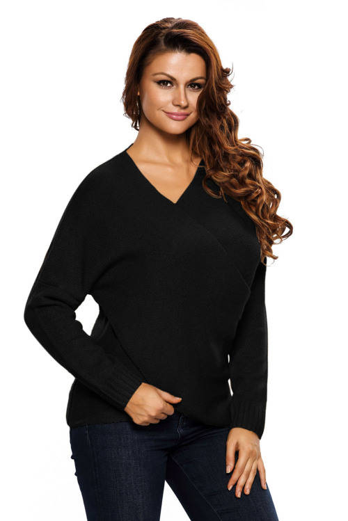 GORGEOUS BLACK LONG SLEEVE CHUNKY CROSS WRAP V NECK TUNIC PULLOVER SWEATER - S/M/L/XL
