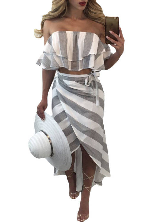 GREY AND WHITE STRIPES RUFFLED TOP AND SKIRT SET - S/M/L