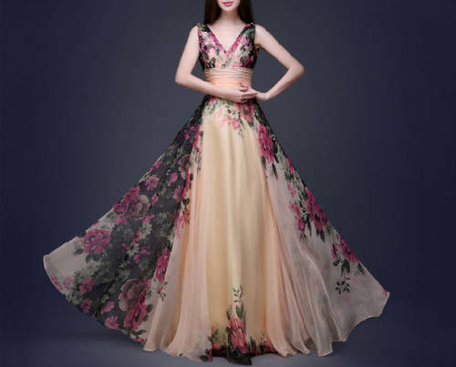 EVENING DRESSES/EVENING DRESS/FLORAL EVENING DRESS/CHIFFON EVENING DRESS