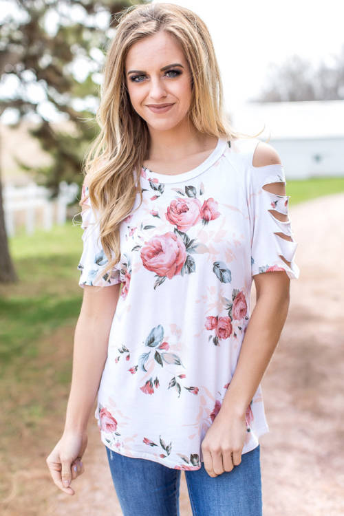 FLORAL TOP - CUTOUT SLEEVE - S/M/L/XL/2XL