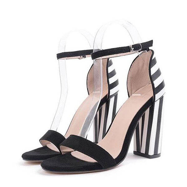 STRIPED ONE-BUCKLE BELT CHUNKY HEEL SANDALS