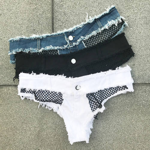 MESH PATCHWORK DENIM HOT PANTS