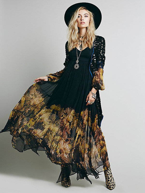 DRESSES/DRESS/MAXI DRESS/ELEGANT BLACK BOHEMIAN FLORAL CHIFFON MAXI DRESS