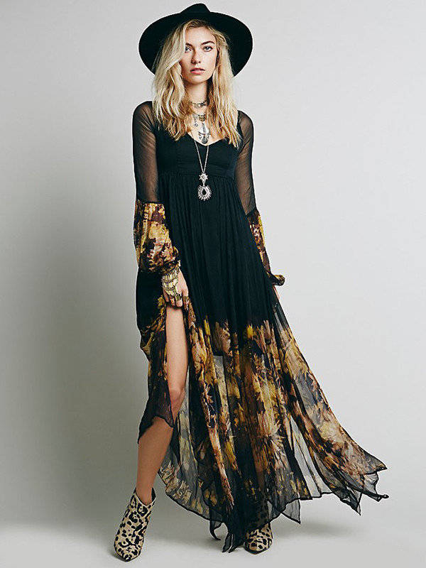 DRESSES/DRESS/MAXI DRESS/ELEGANT BLACK BOHEMIAN FLORAL CHIFFON MAXI DRESS